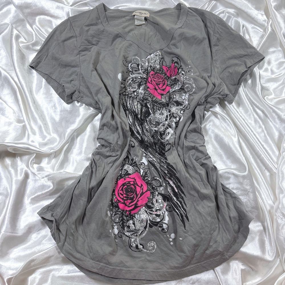 y2k V-Neck Top Gray Excellent Pink Rose Glitter Graphic Cinched Side Tee 2XL